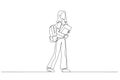 Drawing of full body side view student girl hold backpack books walk. Single continuous line art style