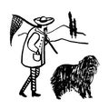 Drawing of a funny cartoon comic picture full of an old man an Italian fisherman with a mustache with his dog, a sketch, Royalty Free Stock Photo