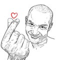 Drawing funny portrait of Asian guy showing mini heart