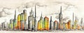 Drawing of the future city, cityscape view, sketch, digital art