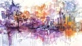 Drawing of the future city, cityscape view, watercolor with penc