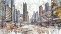 Drawing of the future city, cityscape view, watercolor with penc