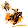 Drawing of galloping cowboys on horseback at a rodeo on a light background.