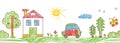 Drawing garden children style. House and grass, flowers border seamless pattern. Pastel, crayon or colored pencils Royalty Free Stock Photo