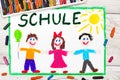 drawing: German word SCHOOL and happy children Royalty Free Stock Photo