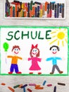 Drawing: German word SCHOOL and happy children Royalty Free Stock Photo