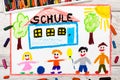Drawing: German word SCHOOL, school building and happy children Royalty Free Stock Photo
