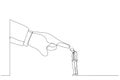 Drawing of giant hand angry points a finger at businessman employee. Metaphor for job reduction or dismissal. Single line art