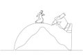 Drawing of giant hand draws a path to help the arab businessman cross the mountains, metaphor for conquering adversity. One line