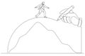 Drawing of giant hand draws a path to help the businessman cross the mountains, metaphor for conquering adversity. One line style