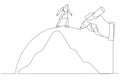 Drawing of giant hand draws a path to help the muslim woman cross the mountains, metaphor for conquering adversity. Continuous