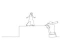 Drawing of giant hand draws a road for the arab businessman to walk. Single line art style