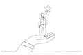 Drawing of giant hand helping a businessman to reach out for the stars. Single line art style Royalty Free Stock Photo