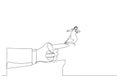 Drawing of giant hand pointing to the wrong way to a arab man. Single line art style