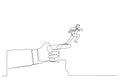 Drawing of giant hand pointing to the wrong way to a businessman. Single line art style
