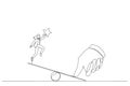 Drawing of giant thumb helping businesswoman to jump on seesaw. Single continuous line art style