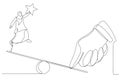 Drawing of giant thumb helping muslim businesswoman to jump on seesaw. Single continuous line art style