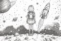 Drawing of a girl with a backpack watching a rocket launch Royalty Free Stock Photo