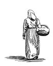 Drawing of a girl in old-fashion retro peasant dress walking away with basket, back view, Woman in vintage rural clothes Royalty Free Stock Photo