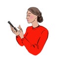 Drawing of a girl staring intently and working on a smartphone