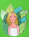 Drawing of a girl in a striped T-shirt on a green background