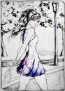 A drawing of a girl walking along a sidewalk in a park with a handbag. Walk a beautiful girl in a dress