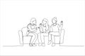 Drawing of girls friends laughing sit on sofa in cozy warm room chatting take break. Single line art style