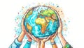 A drawing of a globe with hands holding it by AI generated image Royalty Free Stock Photo