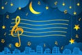 Drawing of golden pentagram with treble clef and musical notes floating in a starry sky with golden stars hanging on white threads Royalty Free Stock Photo