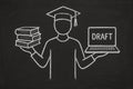 Drawing of a graduate balancing books and a computer on a blackboard representing education today Royalty Free Stock Photo
