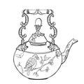 Drawing graphics, Black and white sketch, Chinese teapot, Raster illustration, Isolated on white