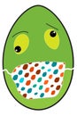 Drawing of a green Easter egg with a protective mask against Coronavir. Cartoon egg with respirator and sick expression. Easter