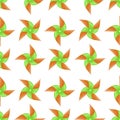 Drawing green and orang blades of paper turbines illustration seamless pattern