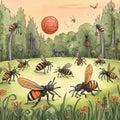 A drawing of a group of bees in a field. Generative AI image.