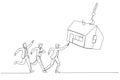 Drawing of group of businessman try to get house bait on fishing hook. Continuous line art style