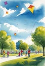 A drawing of a group of children flying kites in a park on a windy day with their parents watching nearby