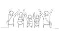 Drawing of group of friend holding hand together raising into the air celebrating. Continuous line art