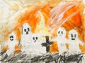 A drawing of a group of ghosts in front of a fire Royalty Free Stock Photo