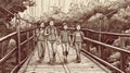 Drawing of a group of girls walking on a bridge