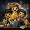 Drawing of a group of children around a bowl of sweets