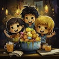 Drawing of a group of children around a bowl of sweets