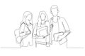 Drawing of group students with books and backpacks looking at camera walking in college campus. Single continuous line art style Royalty Free Stock Photo