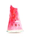 Drawing by hand with colored pencils a piece of red juicy watermelon with seeds, standing vertically, isolated on a white