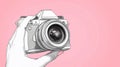 A drawing of a hand holding an old camera in front of pink background, AI Royalty Free Stock Photo
