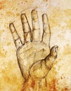 Drawing hand, pencil sketch on paper, sepia and vintage effect.