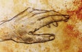 Drawing hand, pencil sketch on paper, sepia and vintage effect.