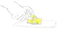 Drawing: hands close up slicing lemon slices Royalty Free Stock Photo