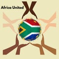 Drawing of hands of different skin colors joined together, in the center the flag of South Africa