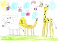 Drawing of happy animals giraffe; lion, elephant on warm summer day. Pencil art in childish style