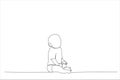 Drawing of happy little baby boy or girl sitting on floor at home. Single line art style